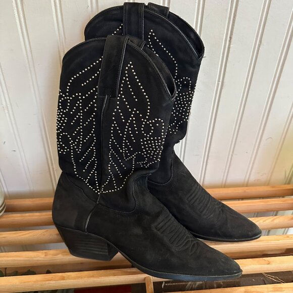 Vintage Black Suede Western Cowboy Boots With bird Detailing & Stacked Heels 7.5 - Picture 1 of 5
